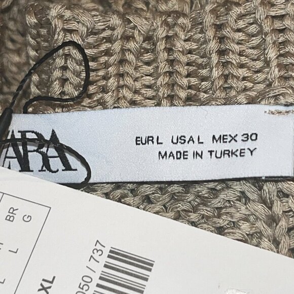 ZARA Taupe Open Cable Knit Fringe Bottom Oversized Cropped Sweater NWT - Large - Picture 10 of 14